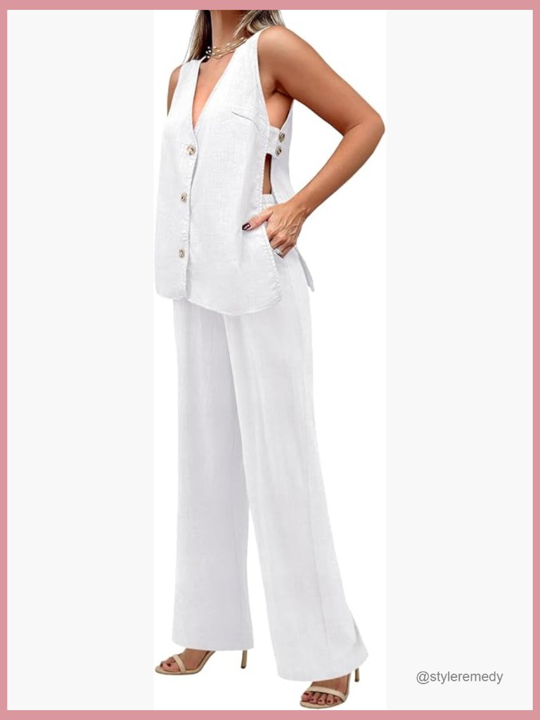 100% Cotton 2 Piece Linen Set Sleeveless V Neck Tank Top And Pants
